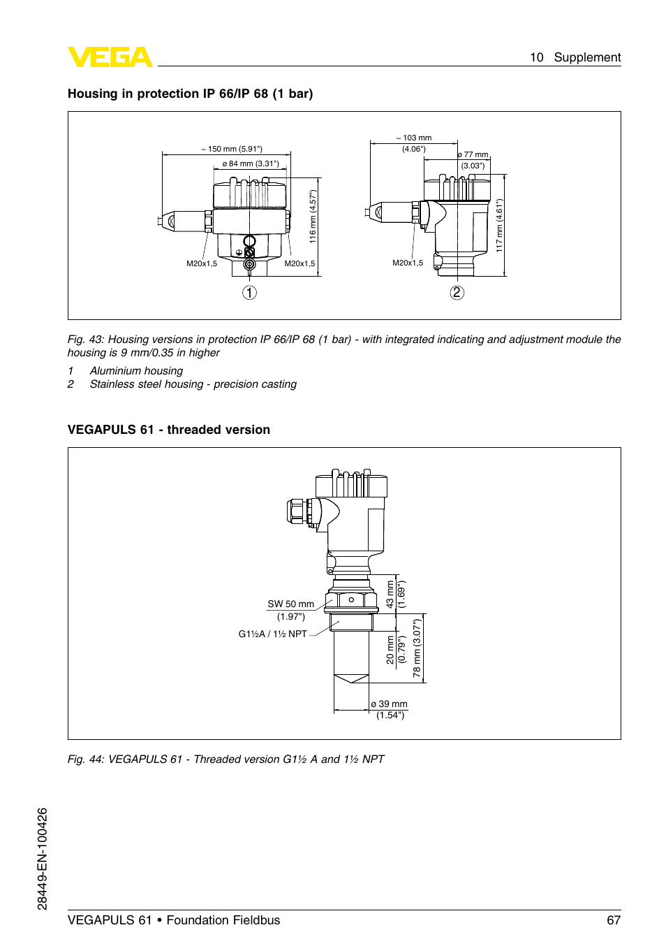 Vegapuls 61 - threaded version | VEGA VEGAPULS 61 (≥ 2.0.0 - ≤ 3.8) Foundation Fieldbus User Manual | Page 67 / 76