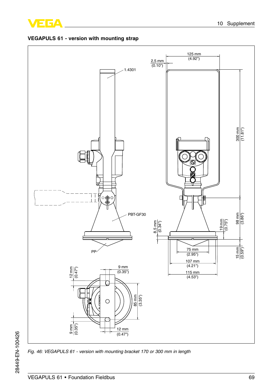 Vegapuls 61 - version with mounting strap | VEGA VEGAPULS 61 (≥ 2.0.0 - ≤ 3.8) Foundation Fieldbus User Manual | Page 69 / 76