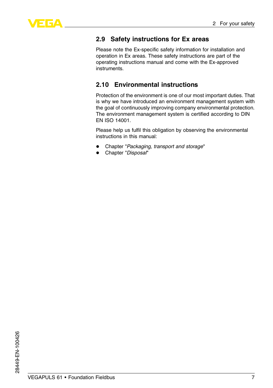 9 safety instructions for ex areas, 10 environmental instructions | VEGA VEGAPULS 61 (≥ 2.0.0 - ≤ 3.8) Foundation Fieldbus User Manual | Page 7 / 76