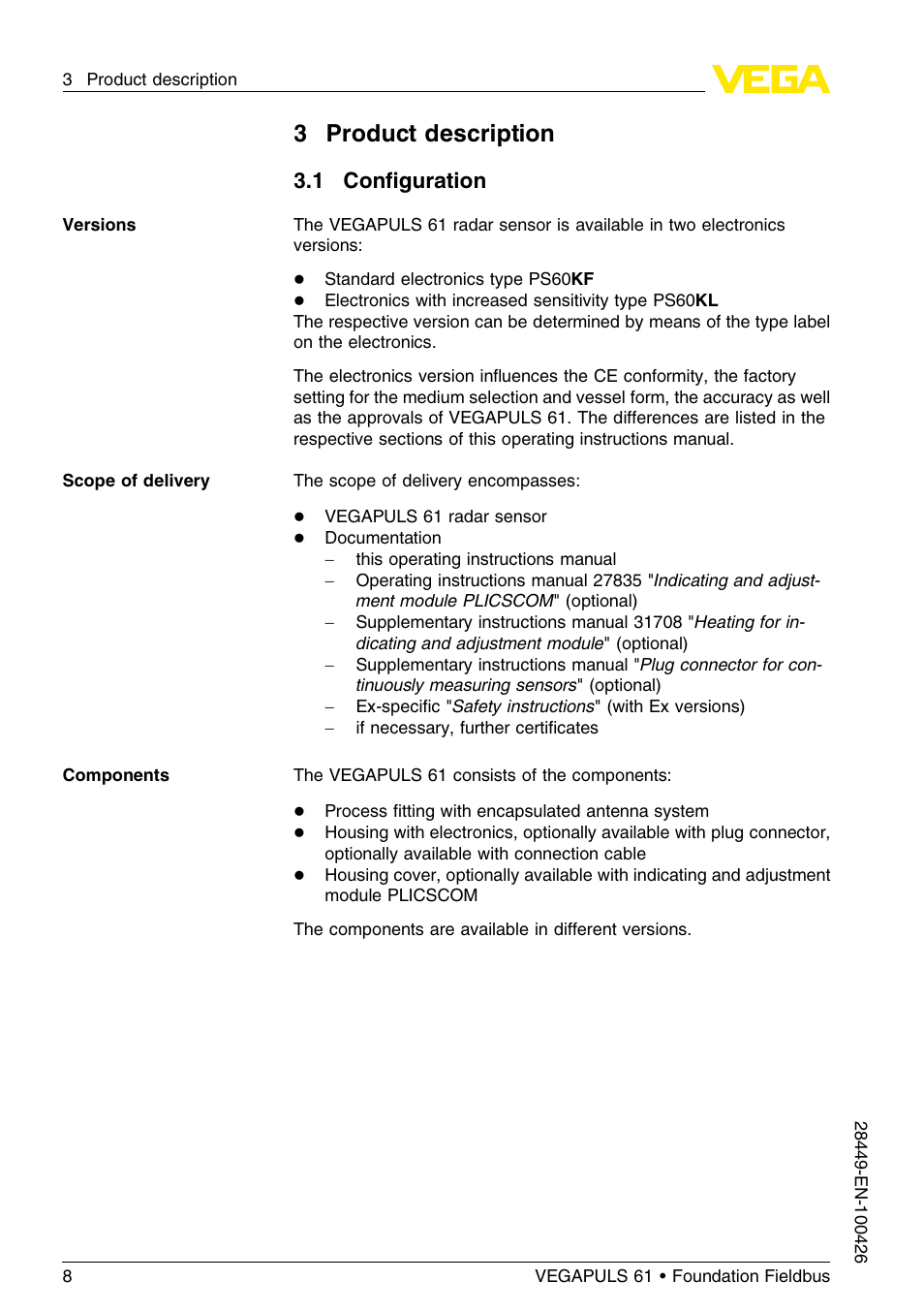 3 product description, 1 configuration, 3product description | 1 conﬁguration | VEGA VEGAPULS 61 (≥ 2.0.0 - ≤ 3.8) Foundation Fieldbus User Manual | Page 8 / 76