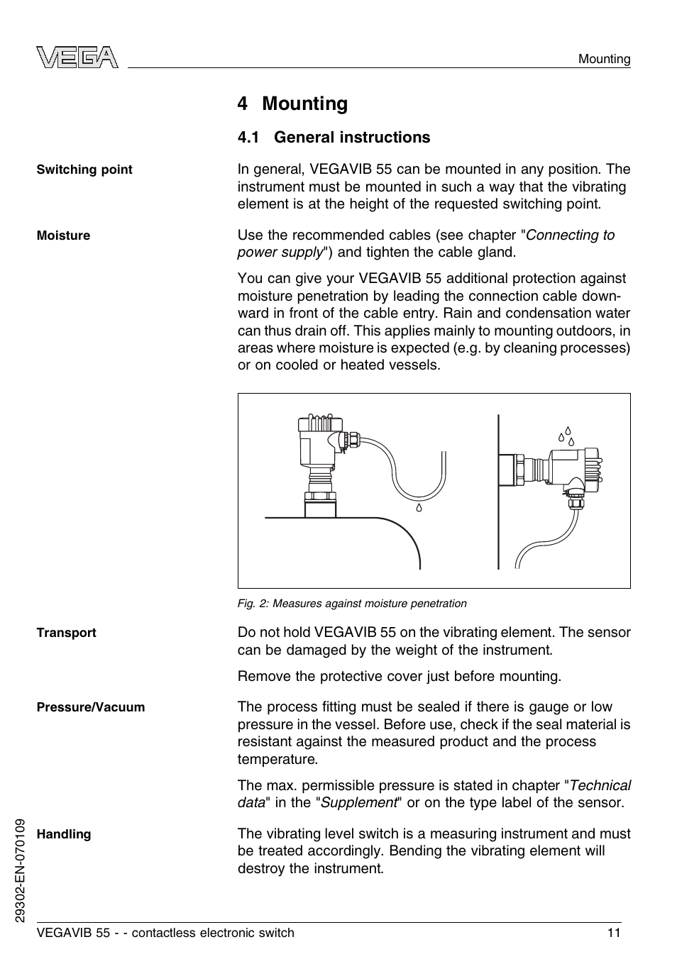 4 mounting, 1 general instructions | VEGA VEGAVIB 55 - contactless electronic switch User Manual | Page 11 / 32