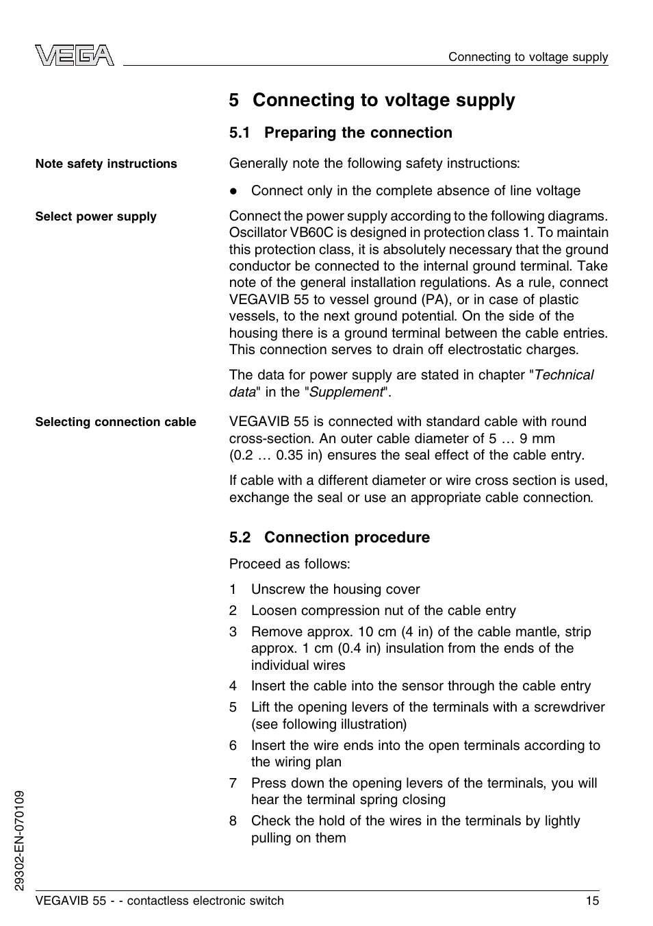 5 connecting to voltage supply, 1 preparing the connection, 2 connection procedure | VEGA VEGAVIB 55 - contactless electronic switch User Manual | Page 15 / 32