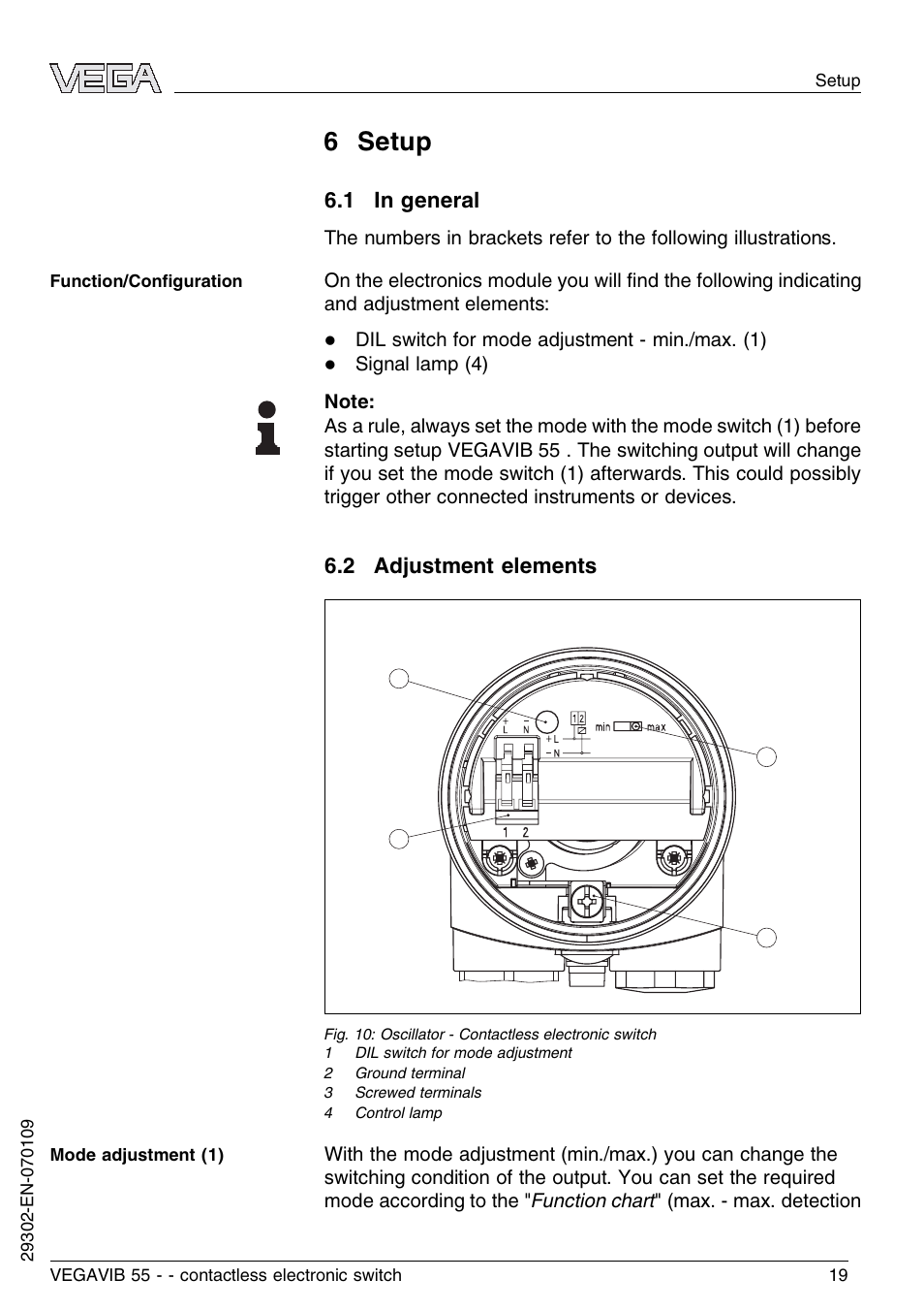 6 setup, 1 in general, 2 adjustment elements | VEGA VEGAVIB 55 - contactless electronic switch User Manual | Page 19 / 32