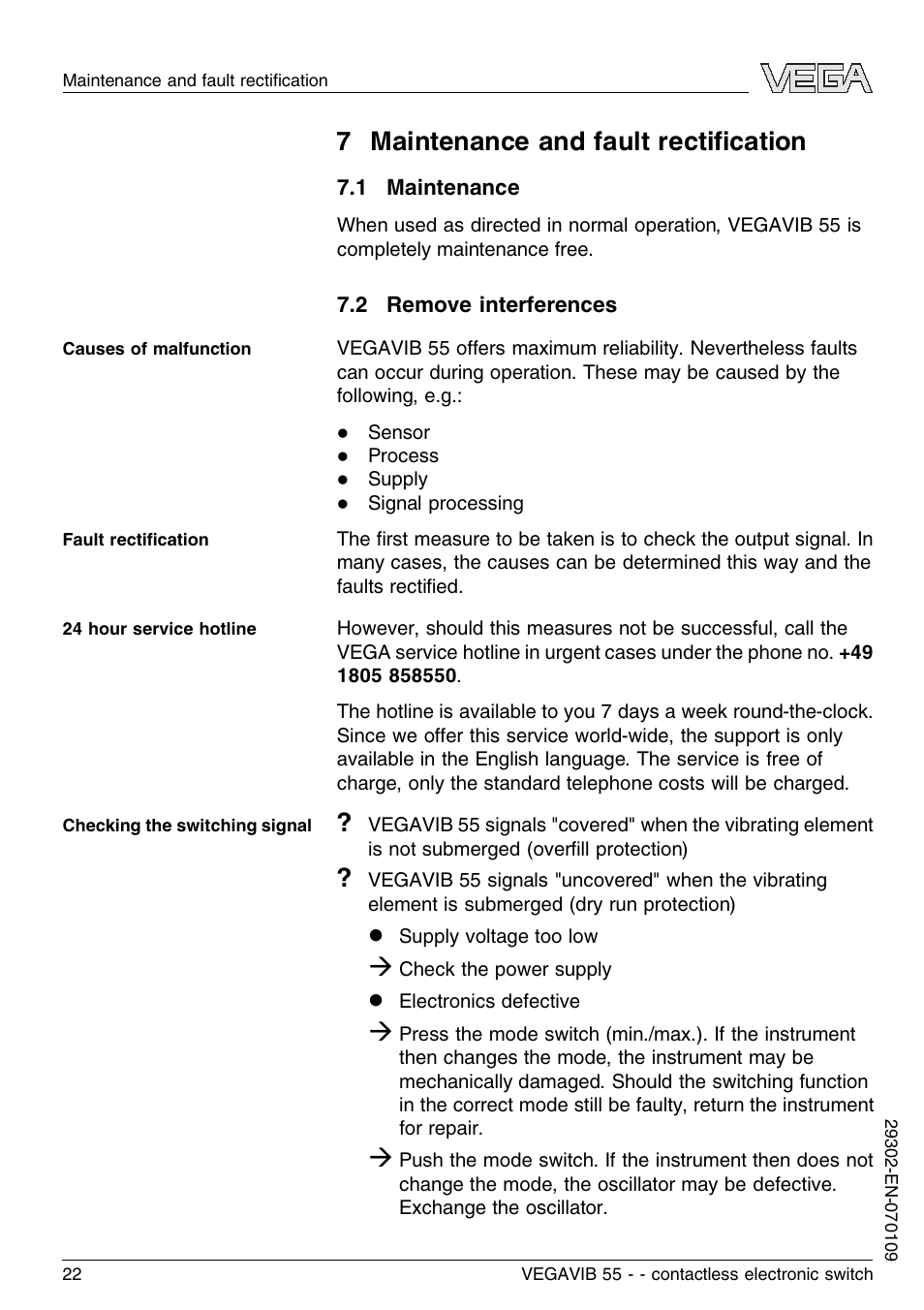 7 maintenance and fault rectification, 1 maintenance, 2 remove interferences | 7 maintenance and fault rectiﬁcation | VEGA VEGAVIB 55 - contactless electronic switch User Manual | Page 22 / 32