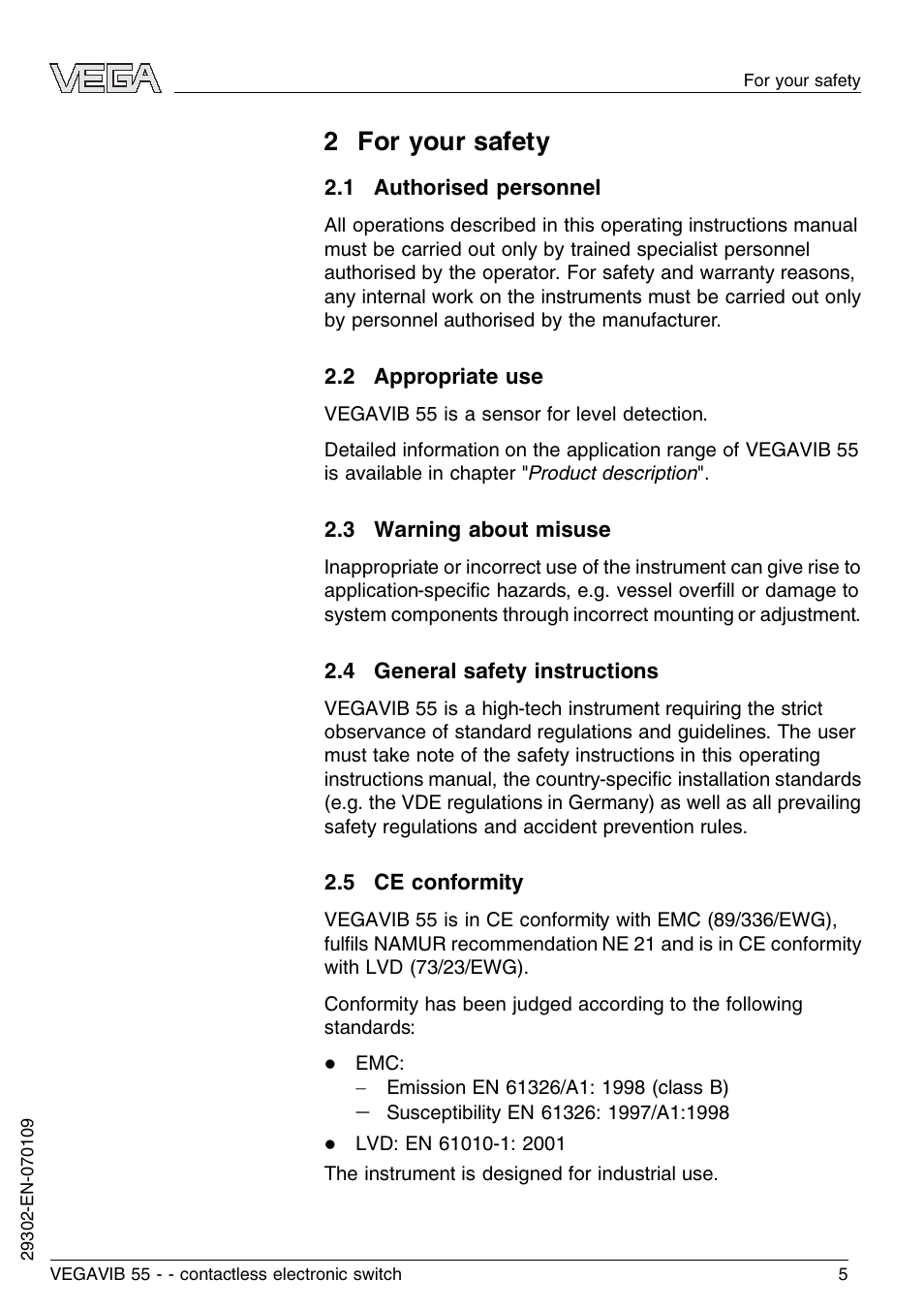 2 for your safety, 1 authorised personnel, 2 appropriate use | 3 warning about misuse, 4 general safety instructions, 5 ce conformity | VEGA VEGAVIB 55 - contactless electronic switch User Manual | Page 5 / 32