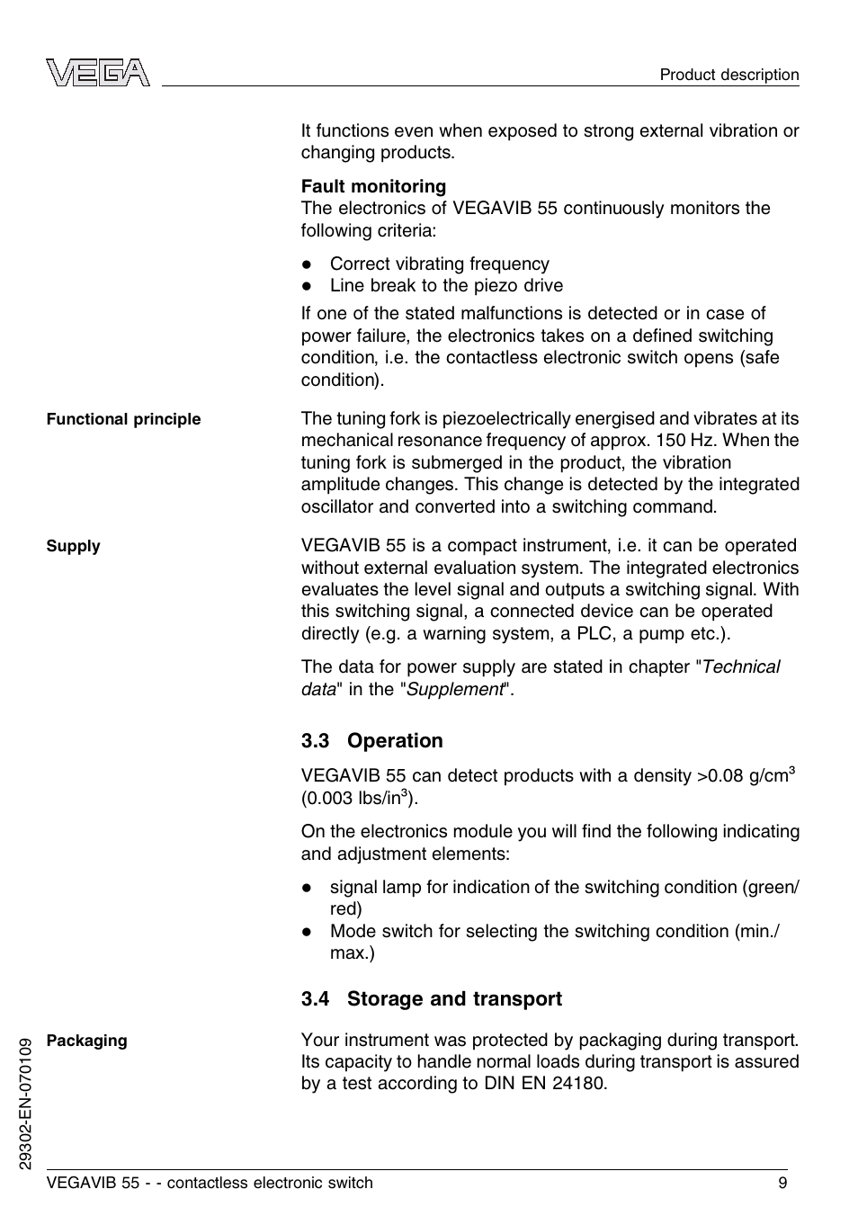 3 operation, 4 storage and transport | VEGA VEGAVIB 55 - contactless electronic switch User Manual | Page 9 / 32