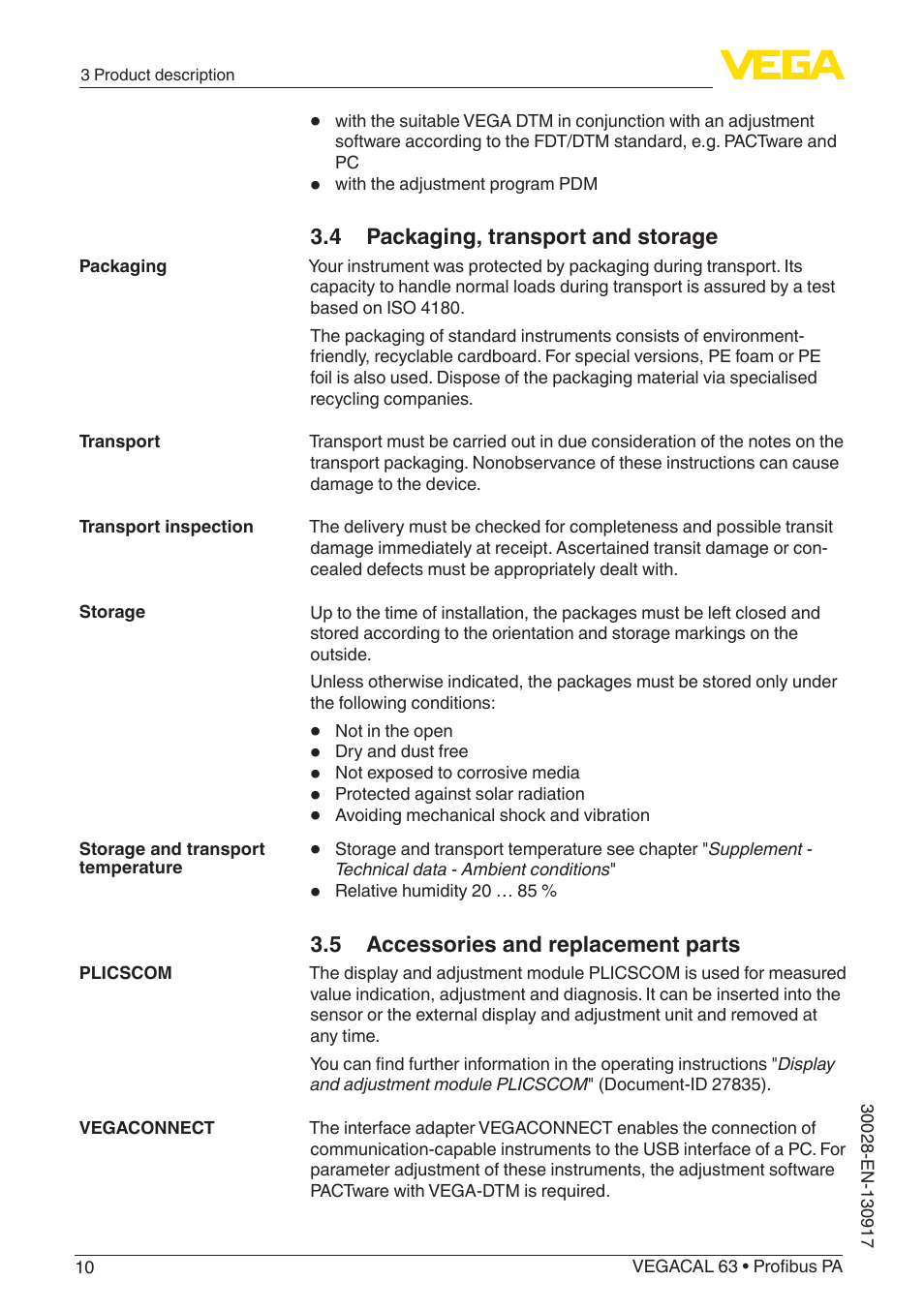 4 packaging, transport and storage, 5 accessories and replacement parts | VEGA VEGACAL 63 Profibus PA User Manual | Page 10 / 52