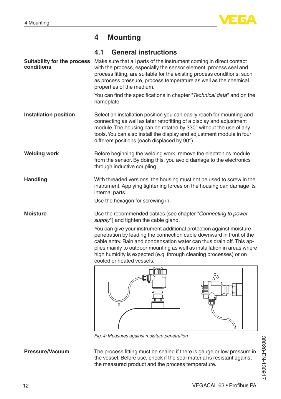 4 mounting, 1 general instructions | VEGA VEGACAL 63 Profibus PA User Manual | Page 12 / 52