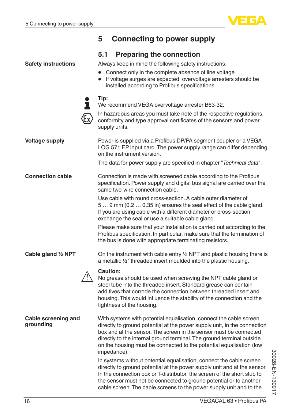 5 connecting to power supply, 1 preparing the connection | VEGA VEGACAL 63 Profibus PA User Manual | Page 16 / 52