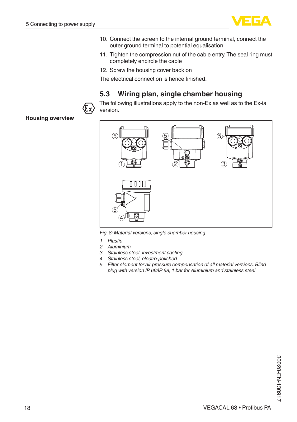 3 wiring plan, single chamber housing | VEGA VEGACAL 63 Profibus PA User Manual | Page 18 / 52