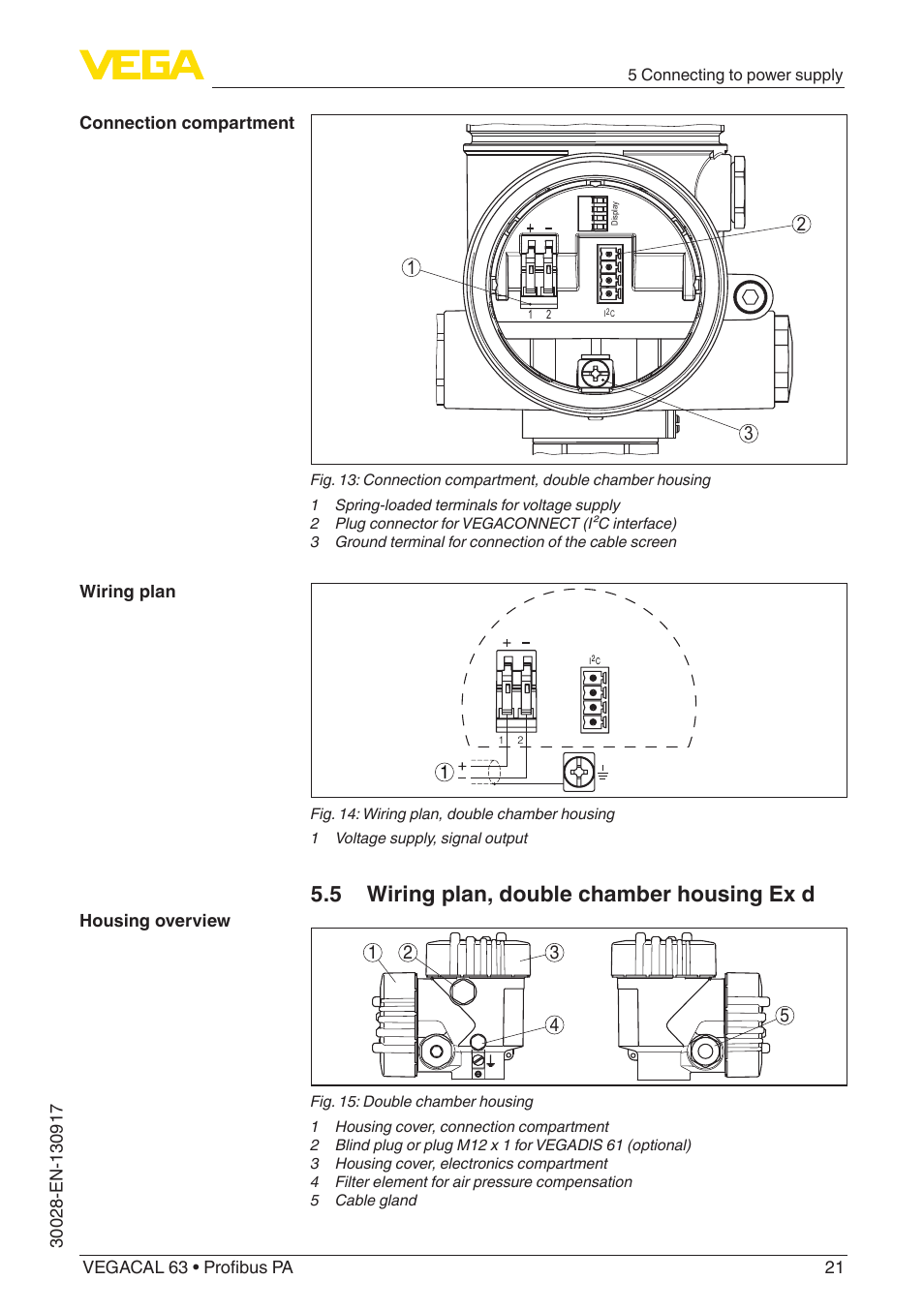 5 wiring plan, double chamber housing ex d | VEGA VEGACAL 63 Profibus PA User Manual | Page 21 / 52