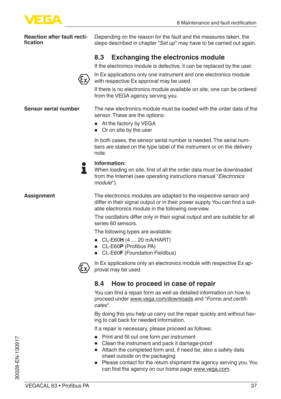 3 exchanging the electronics module, 4 how to proceed in case of repair | VEGA VEGACAL 63 Profibus PA User Manual | Page 37 / 52