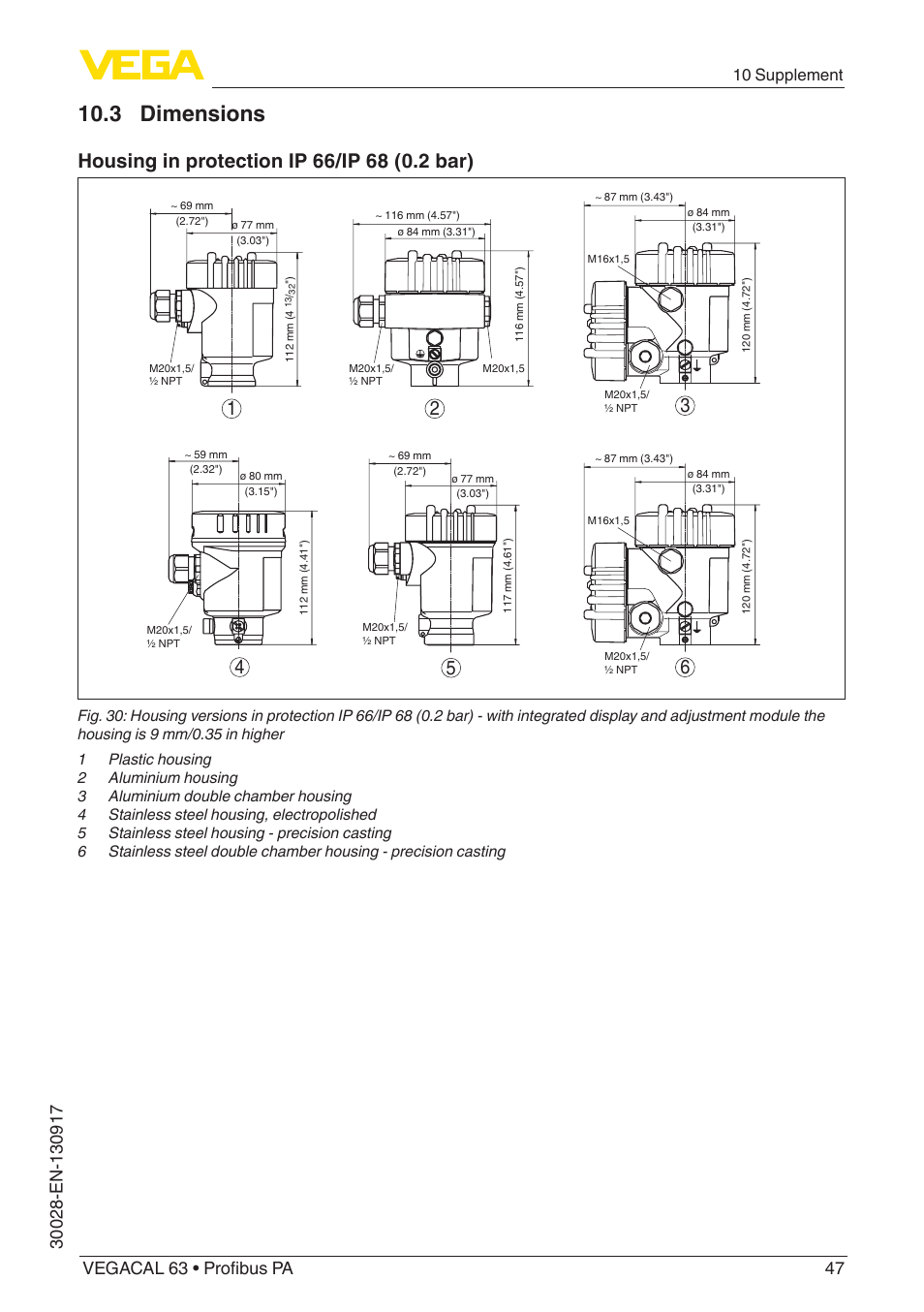 3 dimensions, 10 supplement | VEGA VEGACAL 63 Profibus PA User Manual | Page 47 / 52