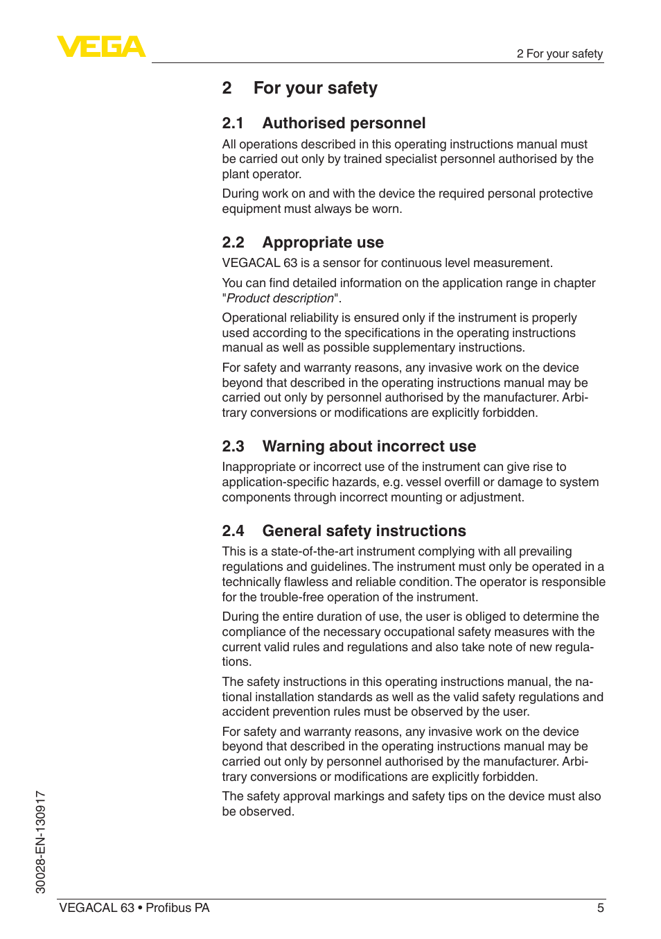 2 for your safety, 1 authorised personnel, 2 appropriate use | 3 warning about incorrect use, 4 general safety instructions | VEGA VEGACAL 63 Profibus PA User Manual | Page 5 / 52