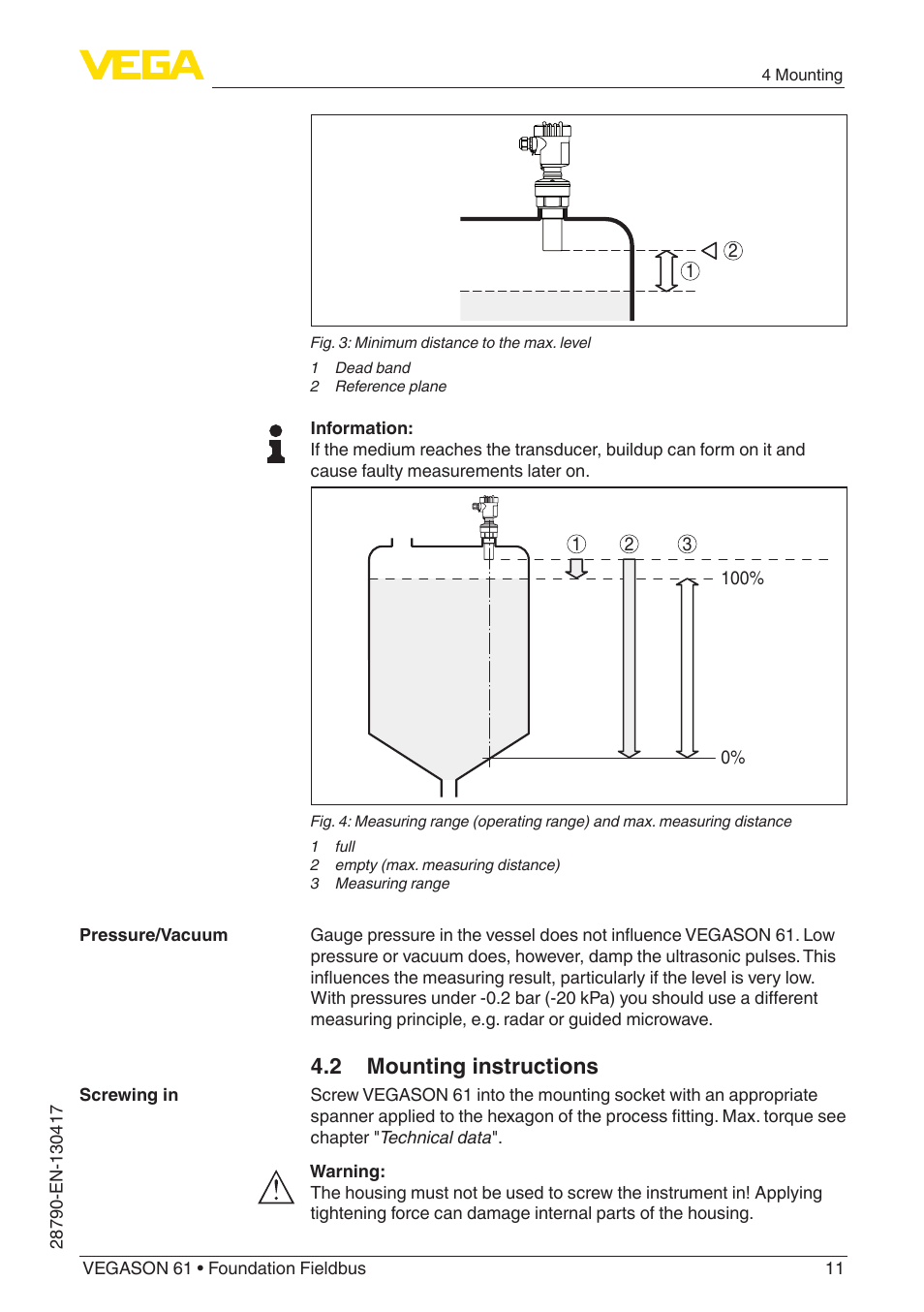 2 mounting instructions | VEGA VEGASON 61 Foundation Fieldbus User Manual | Page 11 / 52