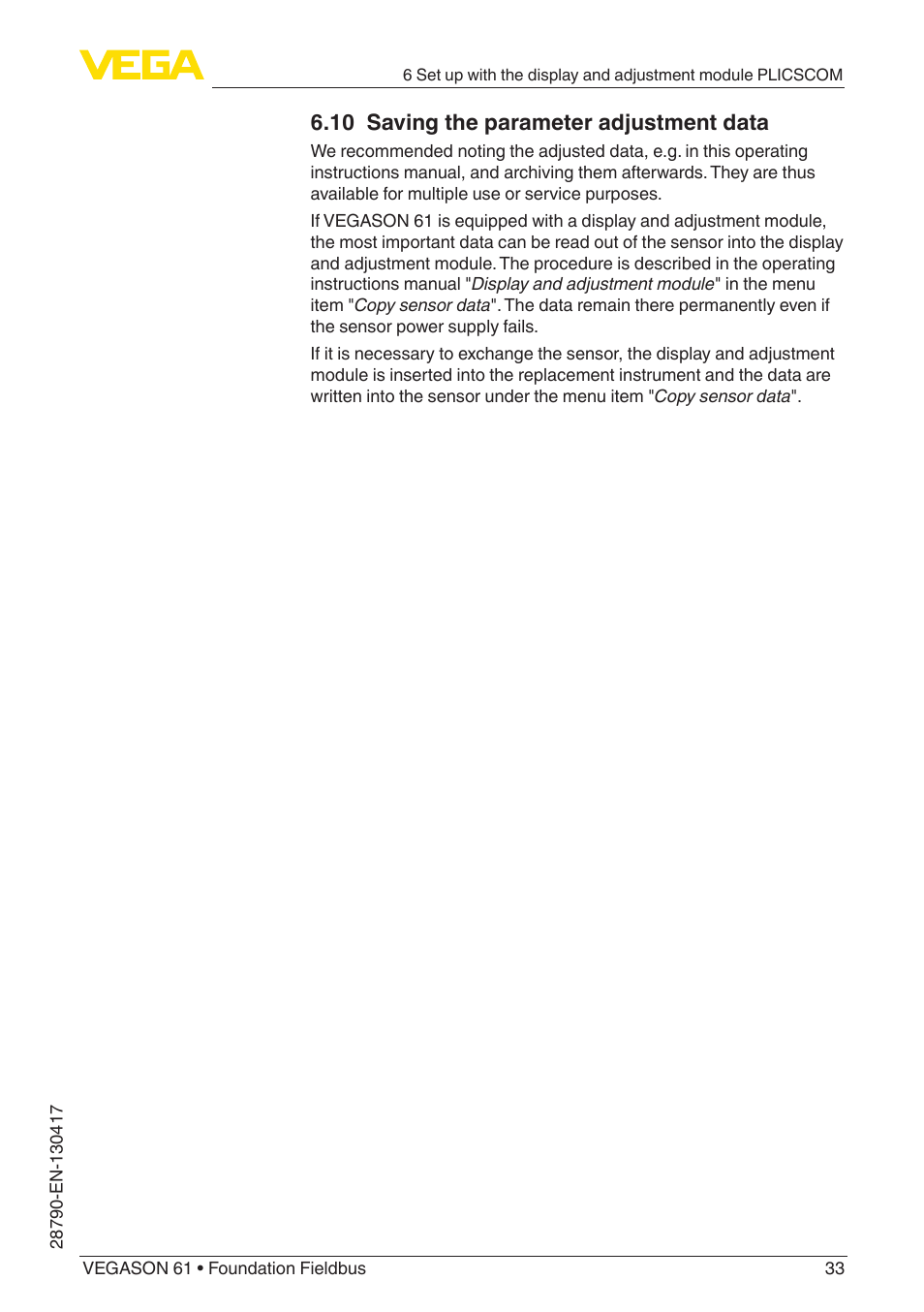 10 saving the parameter adjustment data | VEGA VEGASON 61 Foundation Fieldbus User Manual | Page 33 / 52