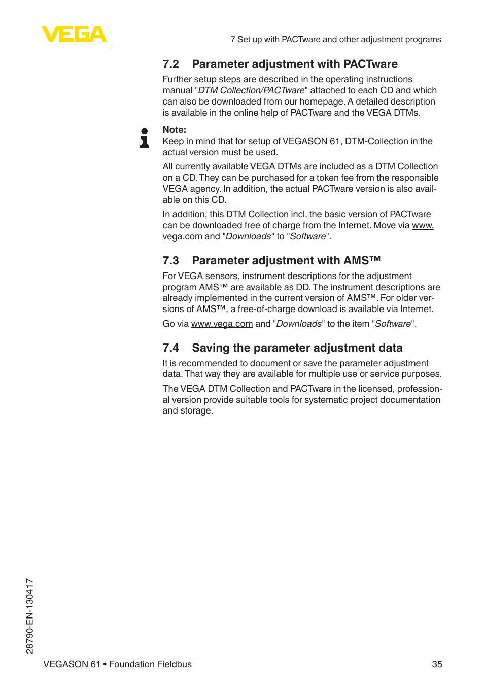 2 parameter adjustment with pactware, 3 parameter adjustment with ams, 4 saving the parameter adjustment data | VEGA VEGASON 61 Foundation Fieldbus User Manual | Page 35 / 52