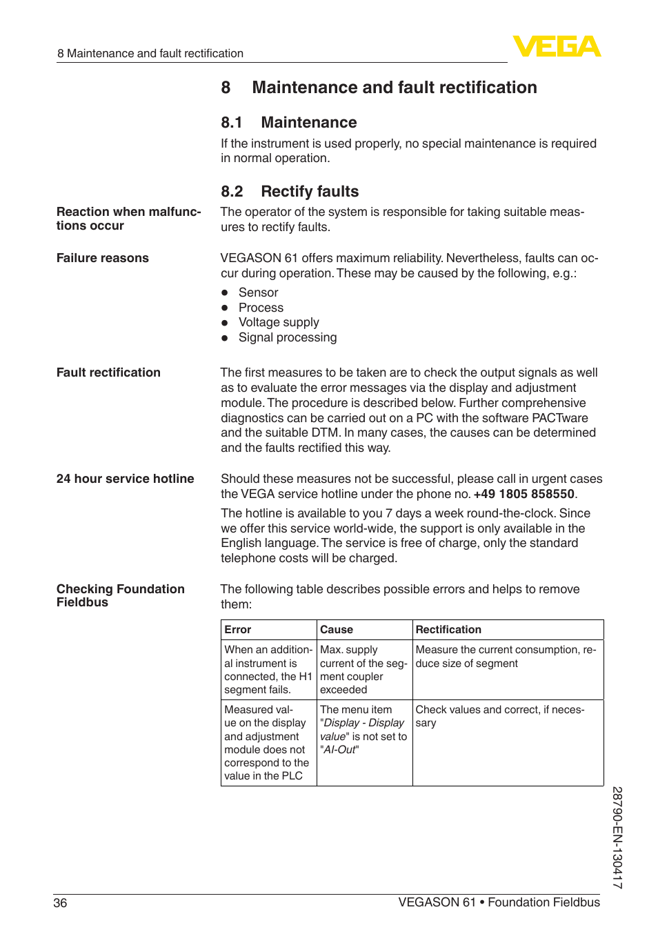 8 maintenance and fault rectification, 1 maintenance, 2 rectify faults | VEGA VEGASON 61 Foundation Fieldbus User Manual | Page 36 / 52