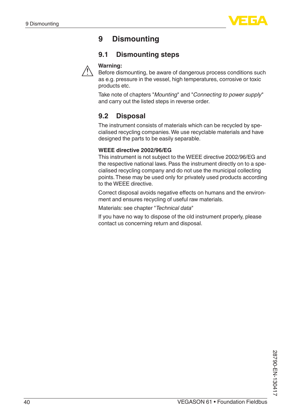 9 dismounting | VEGA VEGASON 61 Foundation Fieldbus User Manual | Page 40 / 52