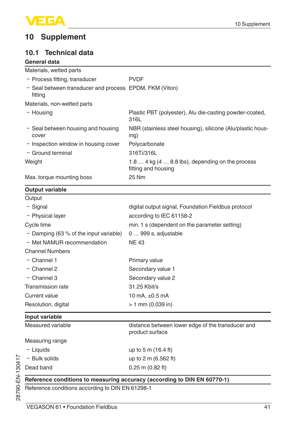 10 supplement, 1 technical data | VEGA VEGASON 61 Foundation Fieldbus User Manual | Page 41 / 52