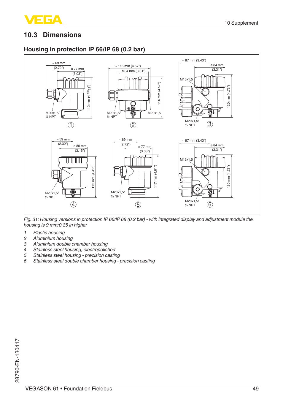 3 dimensions, 10 supplement | VEGA VEGASON 61 Foundation Fieldbus User Manual | Page 49 / 52