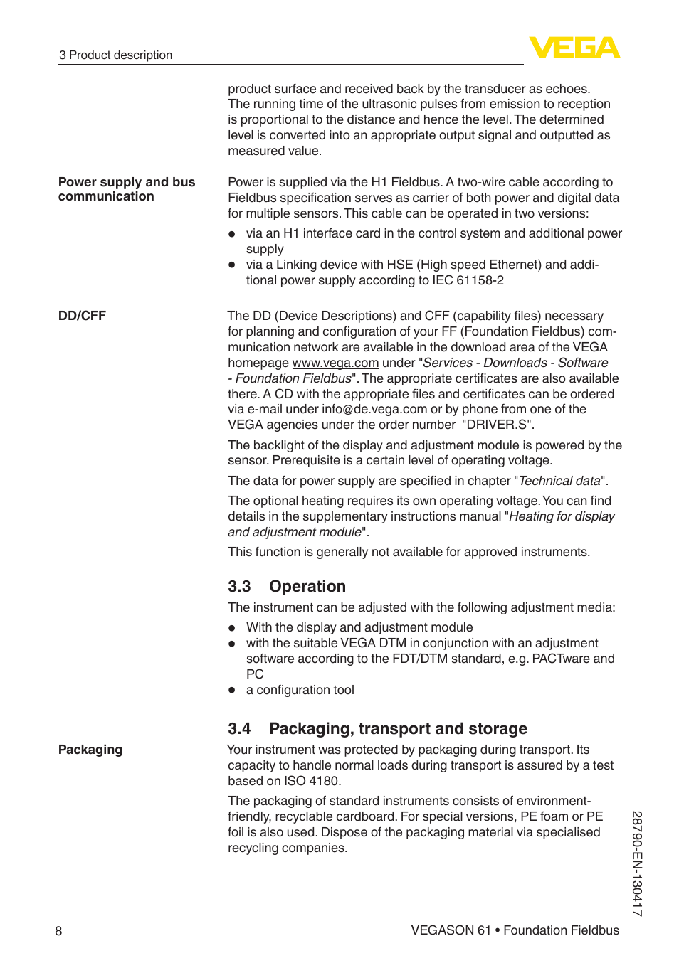 VEGA VEGASON 61 Foundation Fieldbus User Manual | Page 8 / 52