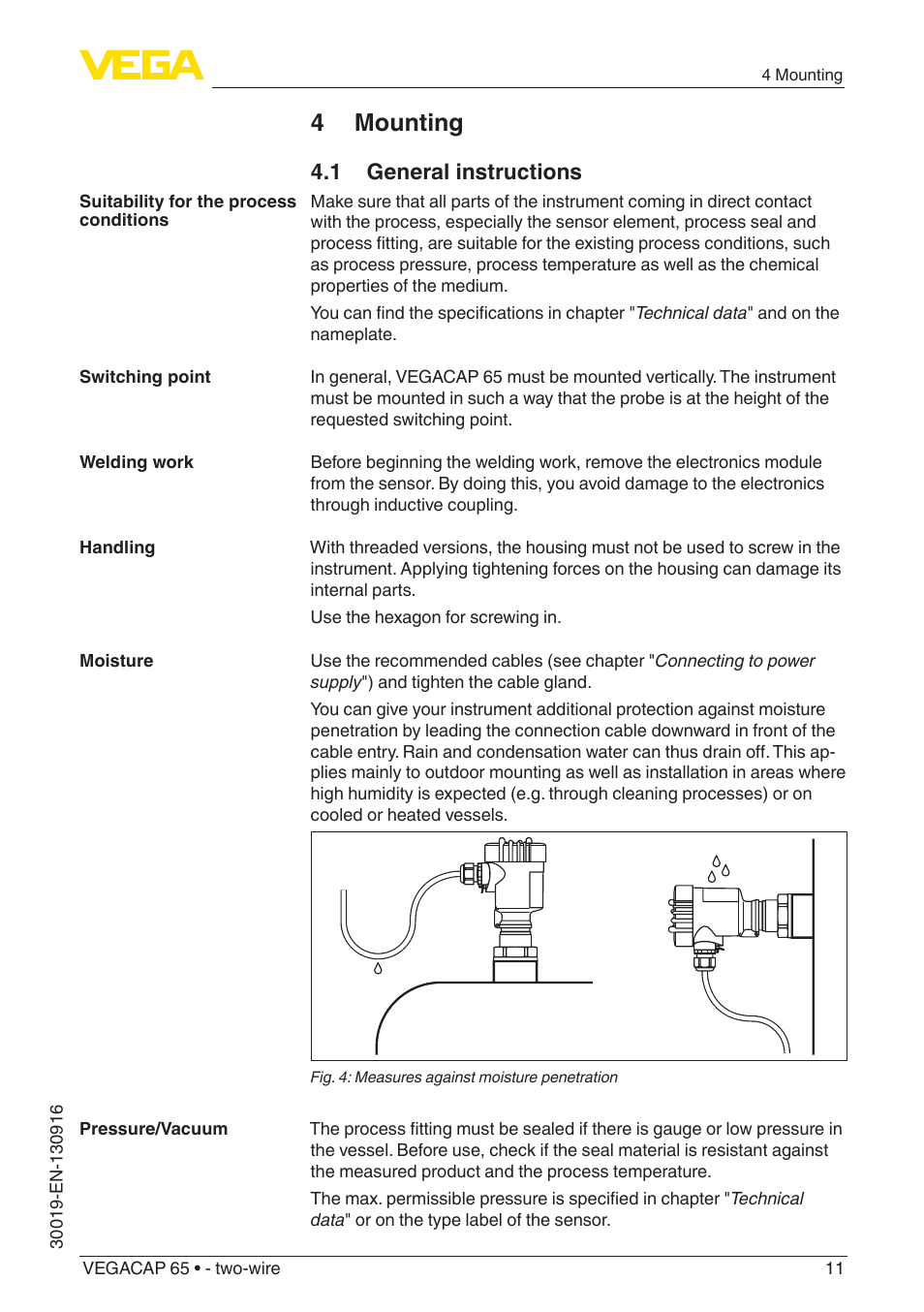 4 mounting, 1 general instructions | VEGA VEGACAP 65 - two-wire User Manual | Page 11 / 40
