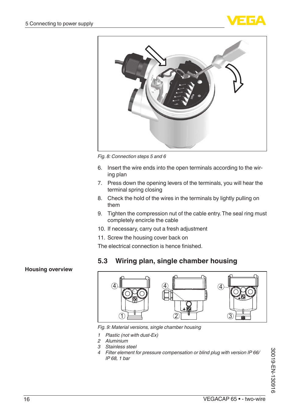 3 wiring plan, single chamber housing | VEGA VEGACAP 65 - two-wire User Manual | Page 16 / 40