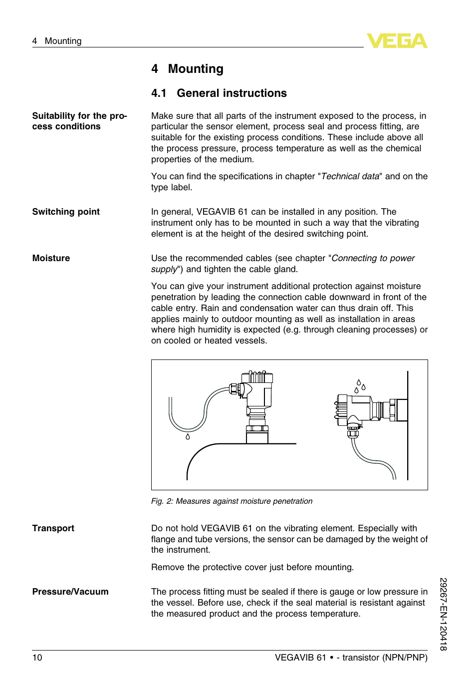 4 mounting, 1 general instructions, 4mounting | VEGA VEGAVIB 61 - transistor (NPN-PNP) User Manual | Page 10 / 36