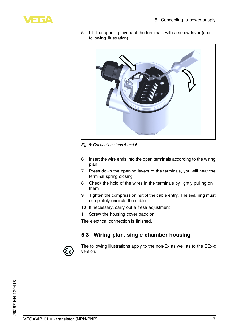 3 wiring plan, single chamber housing | VEGA VEGAVIB 61 - transistor (NPN-PNP) User Manual | Page 17 / 36