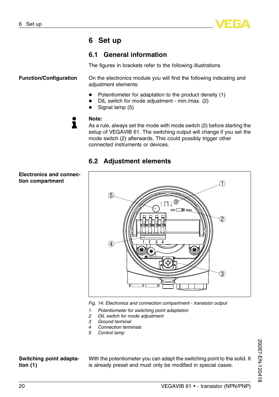 6 set up, 1 general information, 2 adjustment elements | 6set up | VEGA VEGAVIB 61 - transistor (NPN-PNP) User Manual | Page 20 / 36