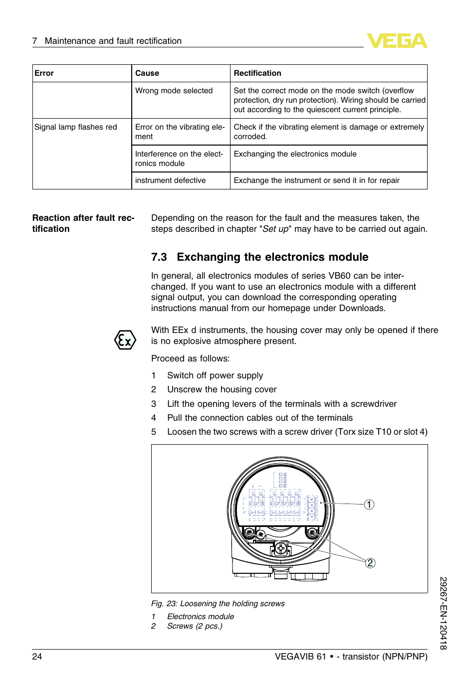 3 exchanging the electronics module | VEGA VEGAVIB 61 - transistor (NPN-PNP) User Manual | Page 24 / 36