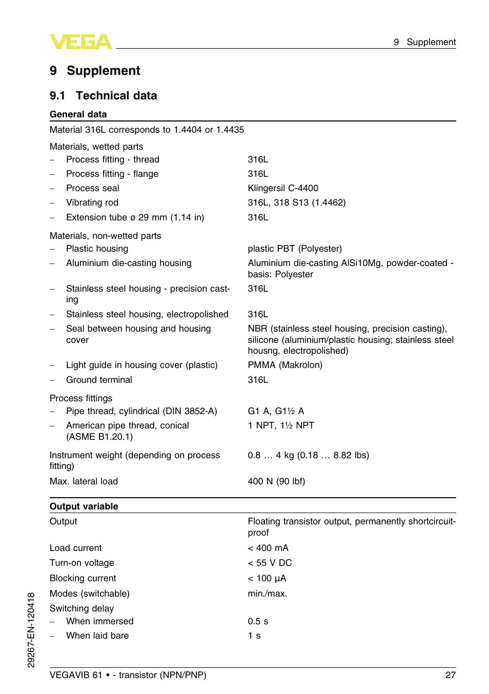 9 supplement, 1 technical data, 9supplement | VEGA VEGAVIB 61 - transistor (NPN-PNP) User Manual | Page 27 / 36