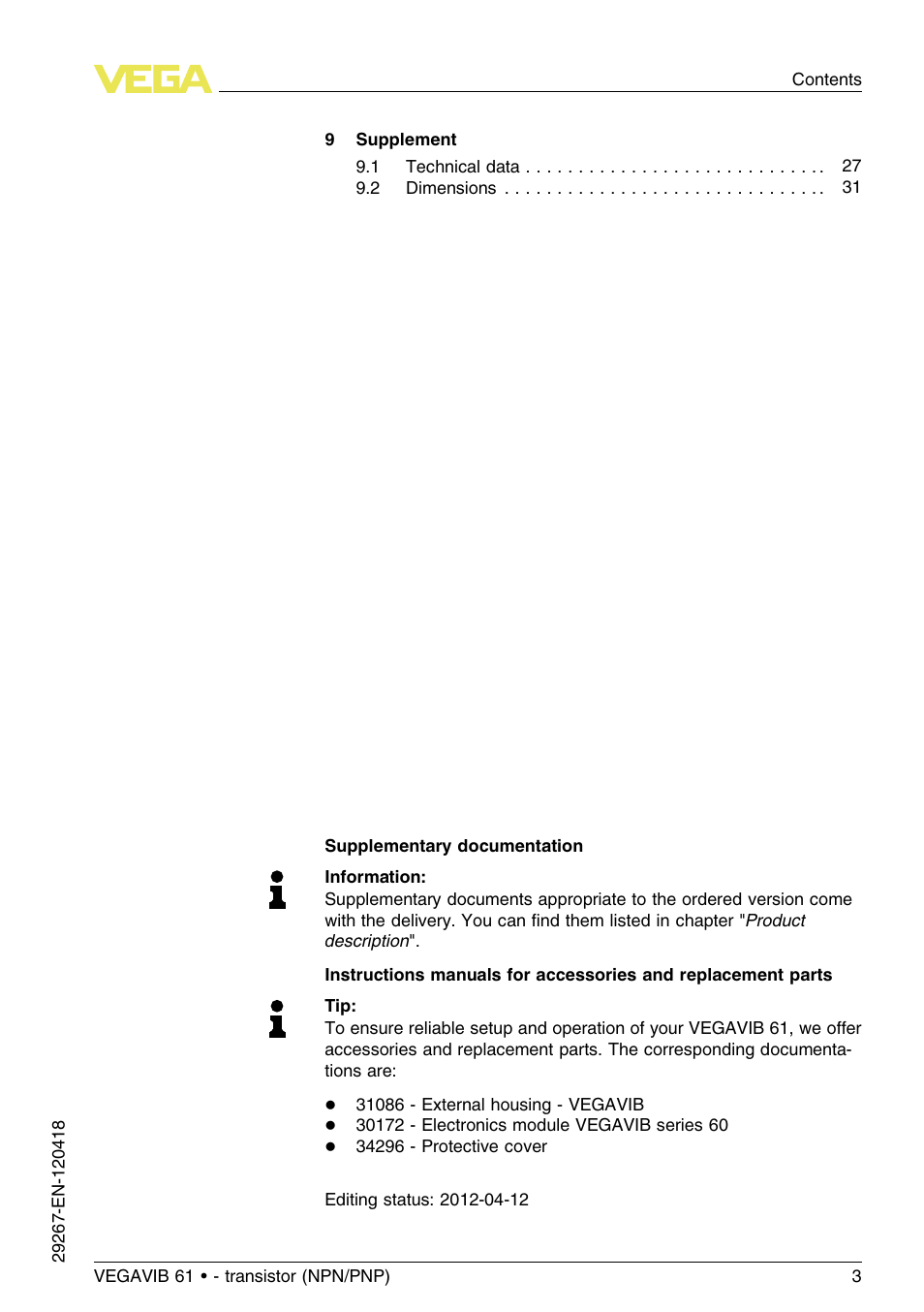 VEGA VEGAVIB 61 - transistor (NPN-PNP) User Manual | Page 3 / 36