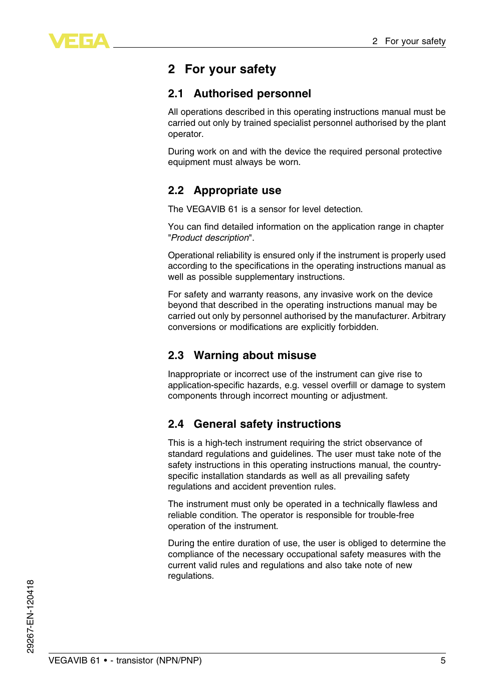 2 for your safety, 1 authorised personnel, 2 appropriate use | 3 warning about misuse, 4 general safety instructions, 2for your safety | VEGA VEGAVIB 61 - transistor (NPN-PNP) User Manual | Page 5 / 36