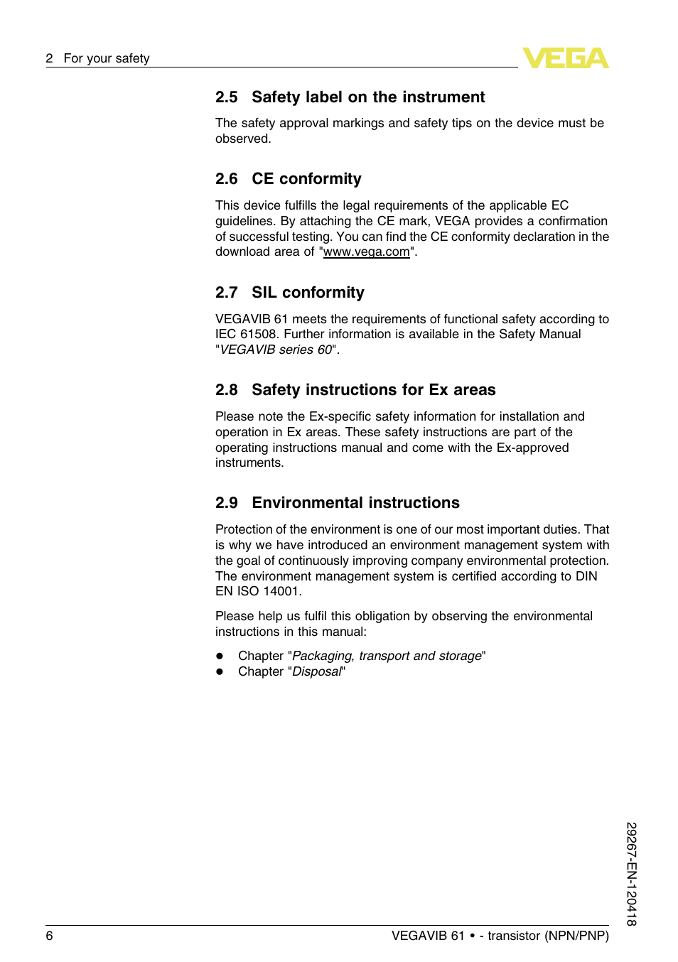 5 safety label on the instrument, 6 ce conformity, 7 sil conformity | 8 safety instructions for ex areas, 9 environmental instructions | VEGA VEGAVIB 61 - transistor (NPN-PNP) User Manual | Page 6 / 36