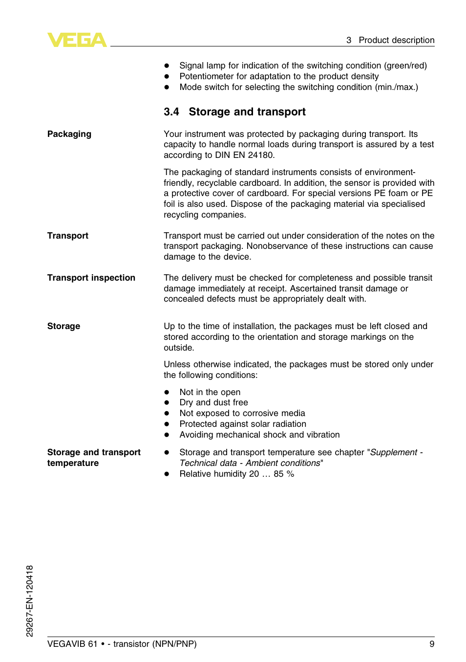 4 storage and transport | VEGA VEGAVIB 61 - transistor (NPN-PNP) User Manual | Page 9 / 36