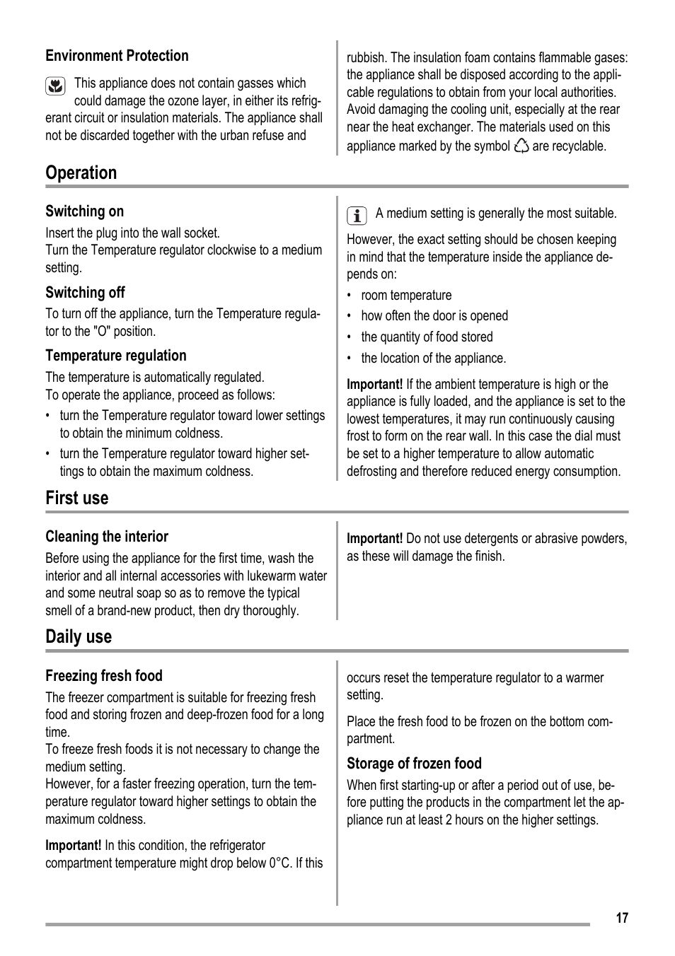 Operation, First use, Daily use | ZANKER KBB 24001 SK User Manual | Page 17 / 56