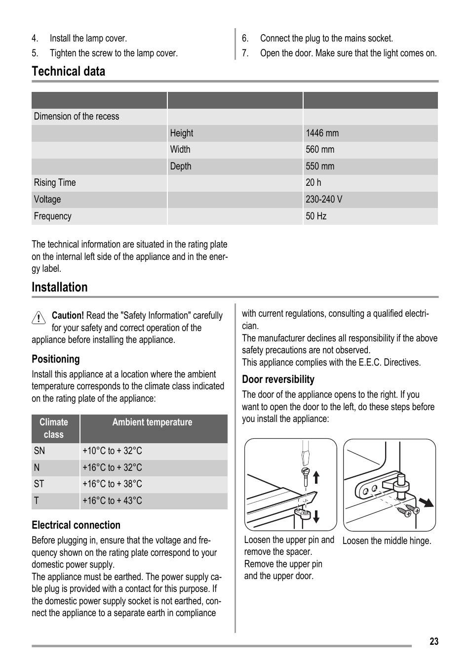 Technical data, Installation | ZANKER KBB 24001 SK User Manual | Page 23 / 56