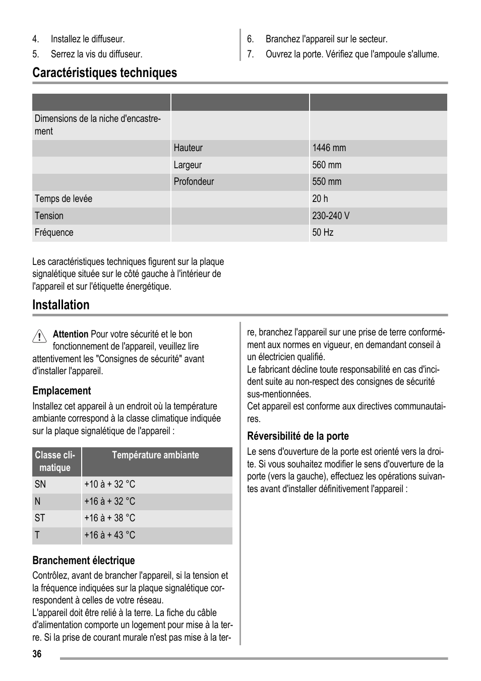 Caractéristiques techniques, Installation | ZANKER KBB 24001 SK User Manual | Page 36 / 56