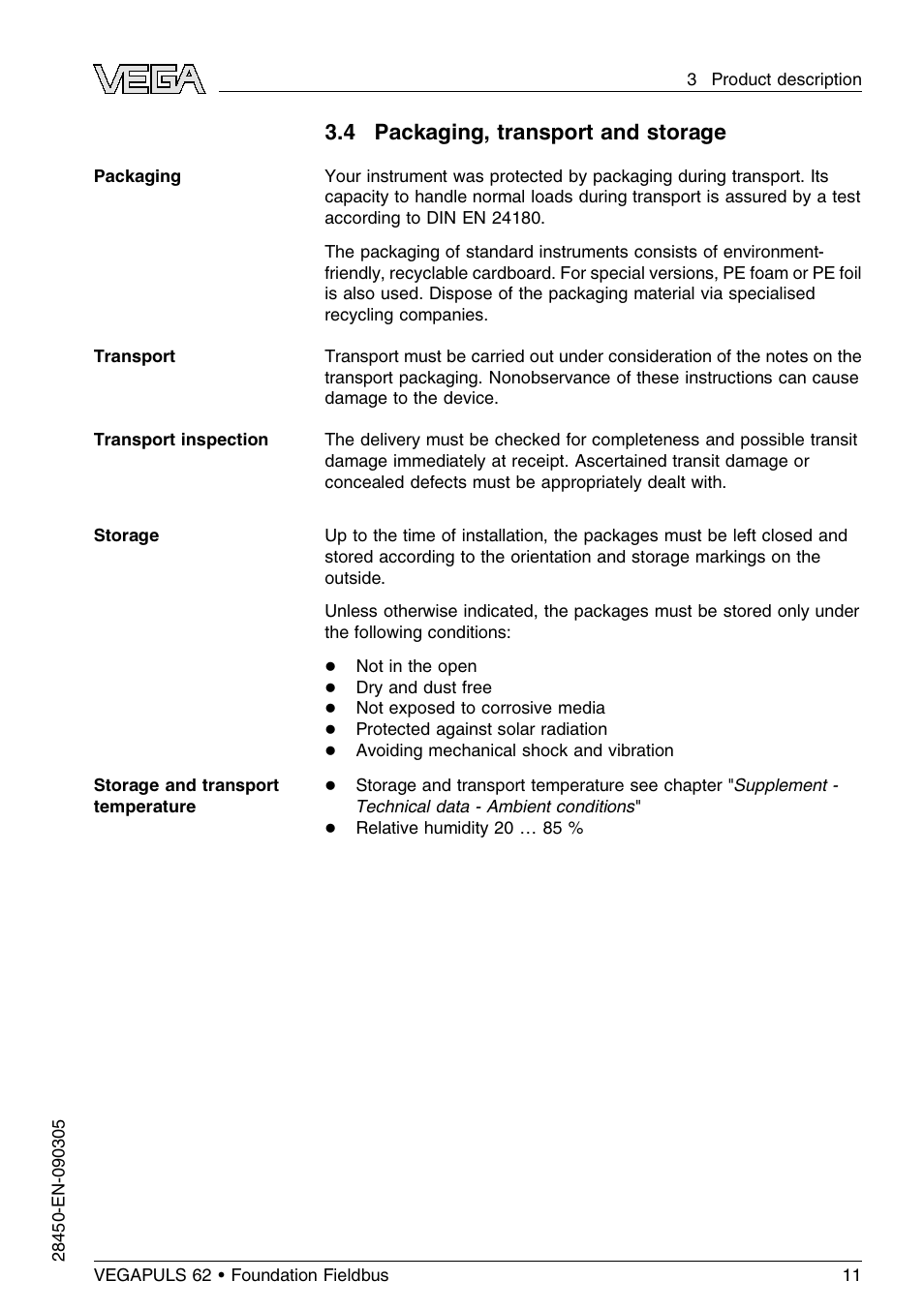 4 packaging, transport and storage | VEGA VEGAPULS 62 (≥ 2.0.0 - ≤ 3.8) Foundation Fieldbus User Manual | Page 11 / 84