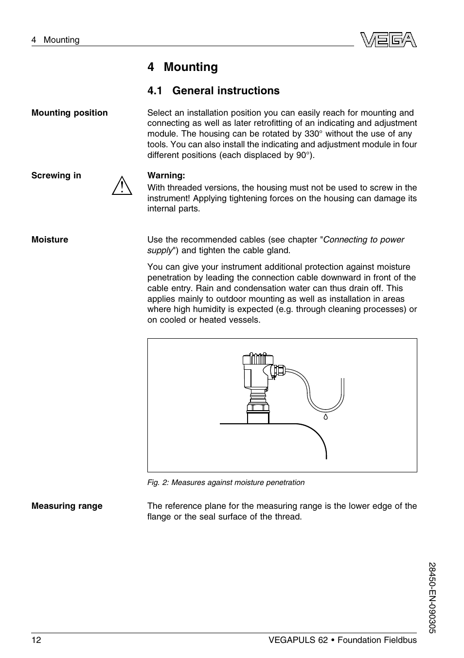 4 mounting, 1 general instructions | VEGA VEGAPULS 62 (≥ 2.0.0 - ≤ 3.8) Foundation Fieldbus User Manual | Page 12 / 84