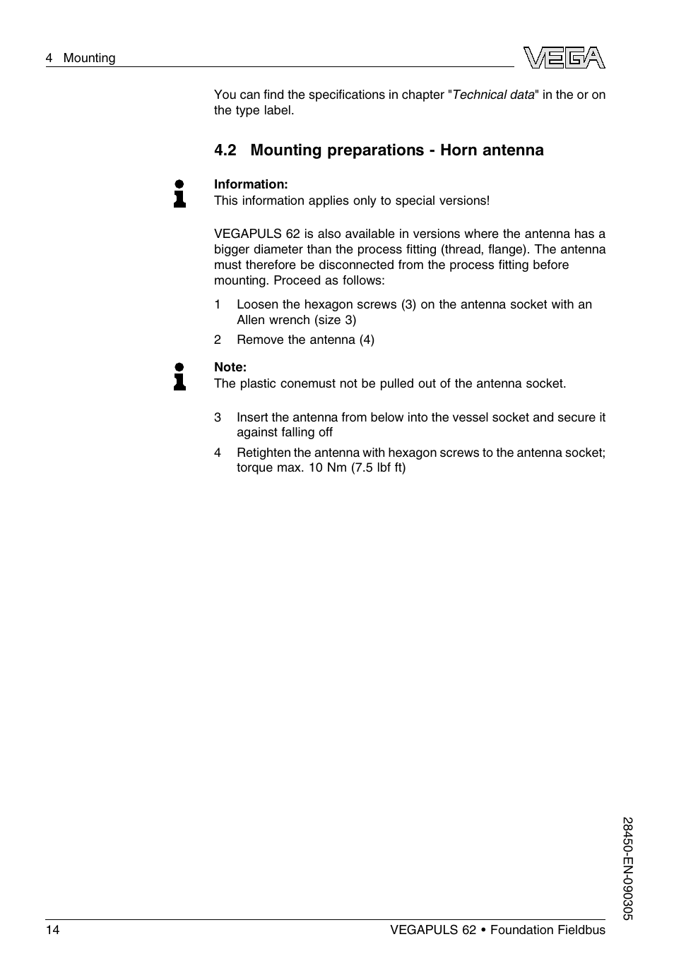 2 mounting preparations – horn antenna, 2 mounting preparations - horn antenna | VEGA VEGAPULS 62 (≥ 2.0.0 - ≤ 3.8) Foundation Fieldbus User Manual | Page 14 / 84