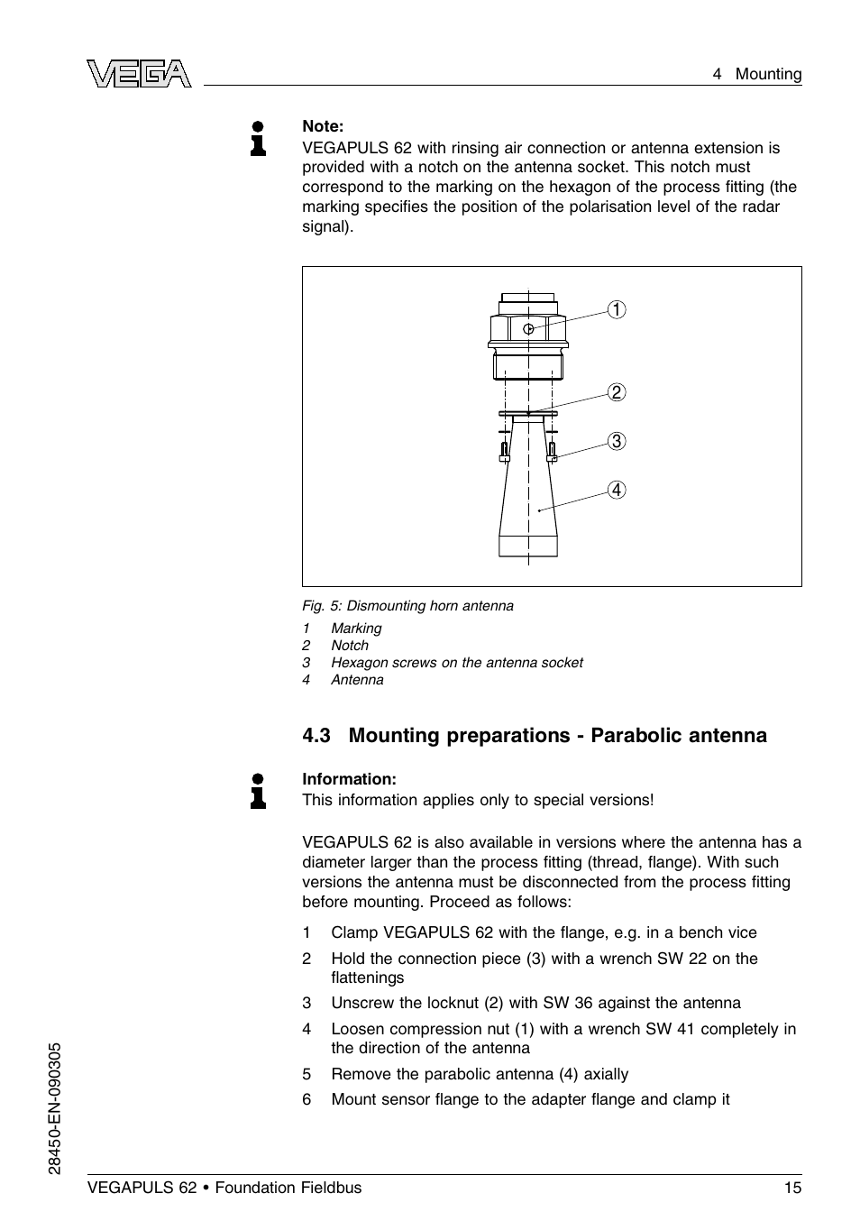 3 mounting preparations – parabolic antenna, 3 mounting preparations - parabolic antenna | VEGA VEGAPULS 62 (≥ 2.0.0 - ≤ 3.8) Foundation Fieldbus User Manual | Page 15 / 84