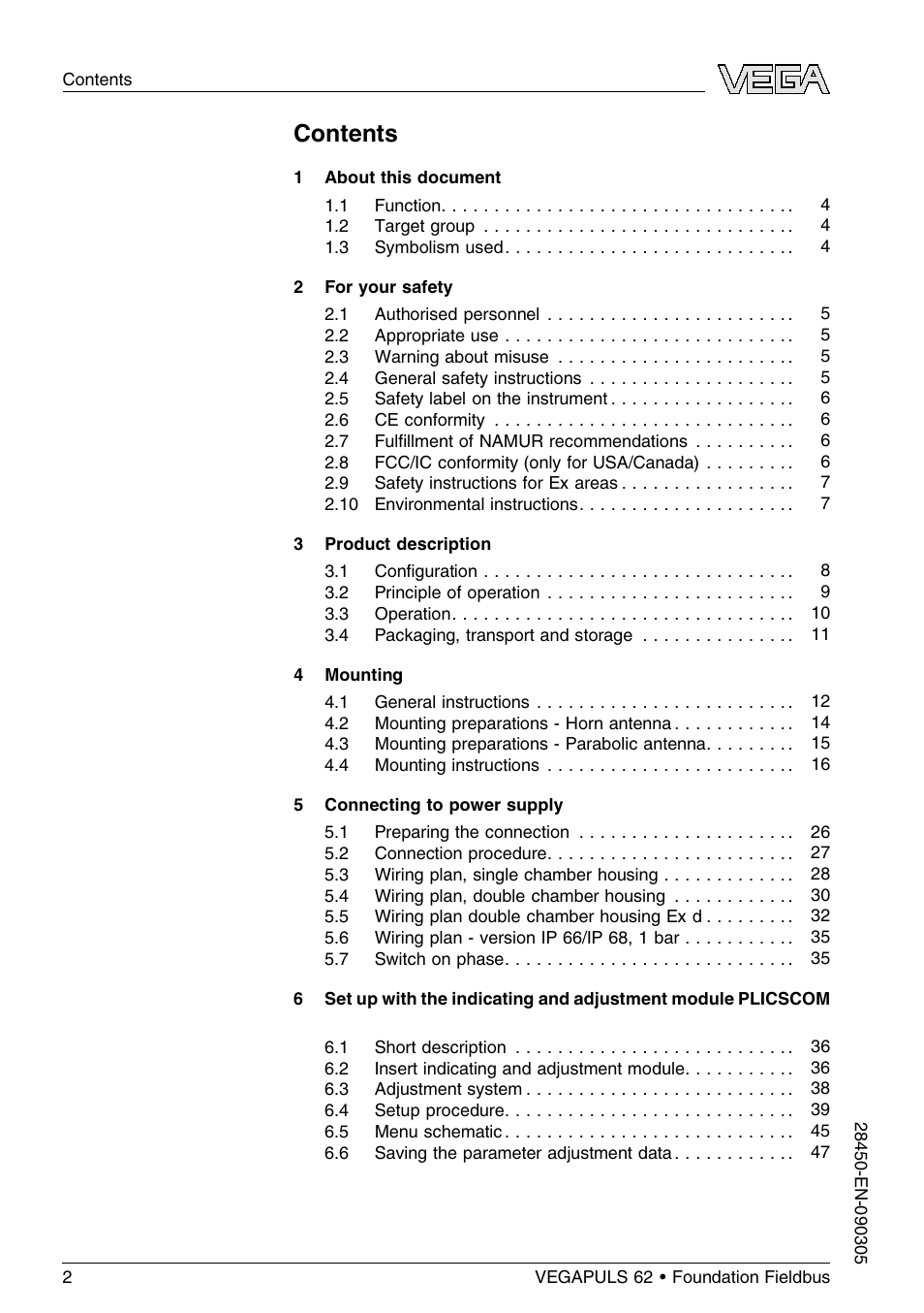 VEGA VEGAPULS 62 (≥ 2.0.0 - ≤ 3.8) Foundation Fieldbus User Manual | Page 2 / 84