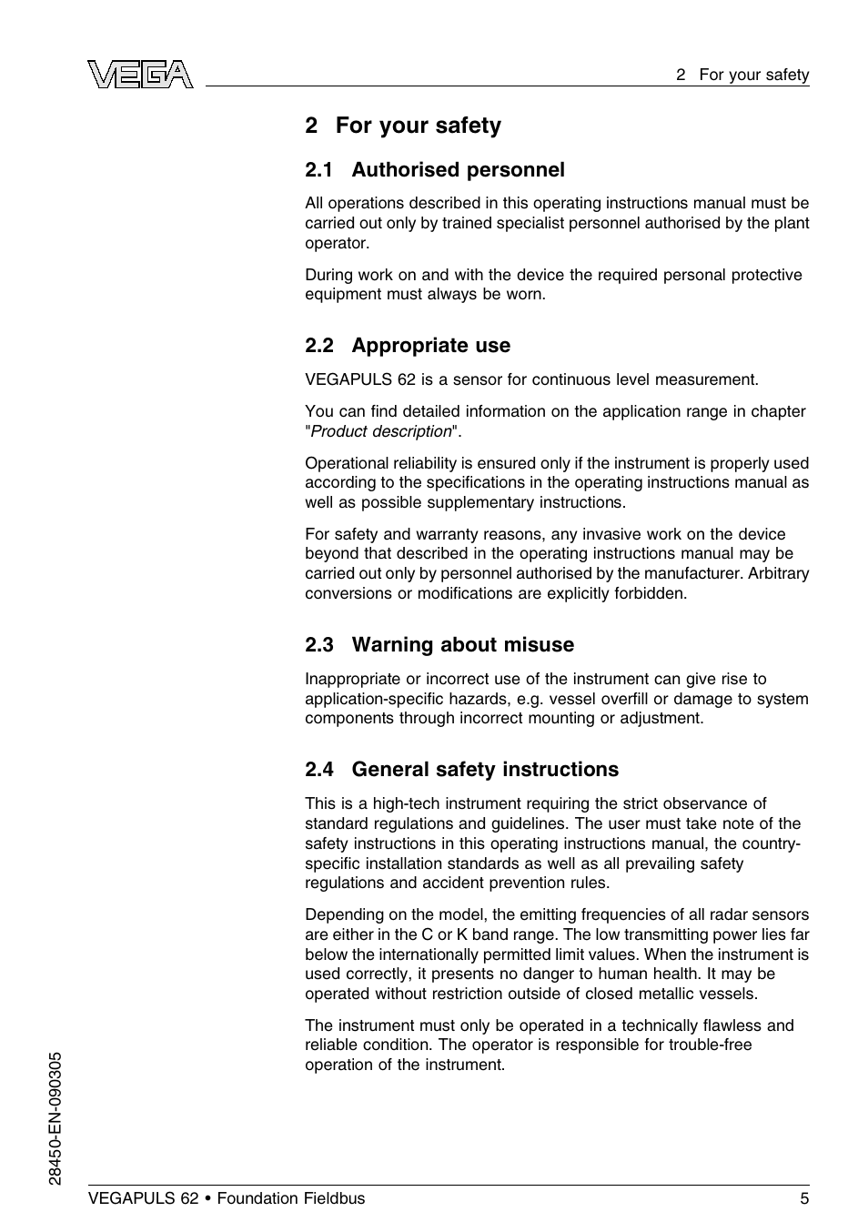 2 for your safety, 1 authorised personnel, 2 appropriate use | 3 warning about misuse, 4 general safety instructions | VEGA VEGAPULS 62 (≥ 2.0.0 - ≤ 3.8) Foundation Fieldbus User Manual | Page 5 / 84