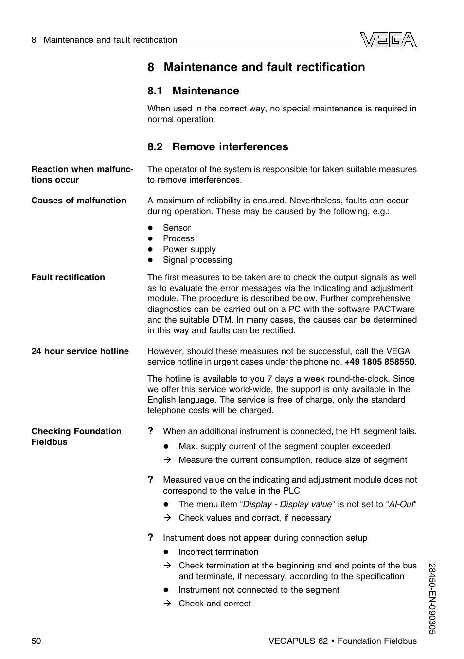 8 maintenance and fault rectification, 1 maintenance, 2 remove interferences | 8 maintenance and fault rectiﬁcation | VEGA VEGAPULS 62 (≥ 2.0.0 - ≤ 3.8) Foundation Fieldbus User Manual | Page 50 / 84