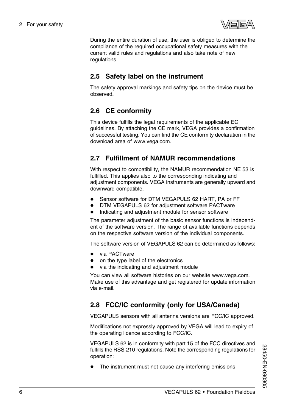 5 safety label on the instrument, 6 ce conformity, 7 fulfillment of namur recommendations | 8 fcc/ic conformity (only for usa/canada), 7 fulﬁllment of namur recommendations | VEGA VEGAPULS 62 (≥ 2.0.0 - ≤ 3.8) Foundation Fieldbus User Manual | Page 6 / 84