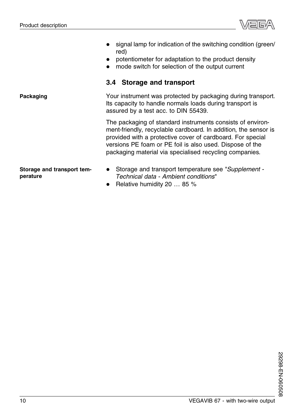 4 storage and transport | VEGA VEGAVIB 67 - two-wire User Manual | Page 10 / 32