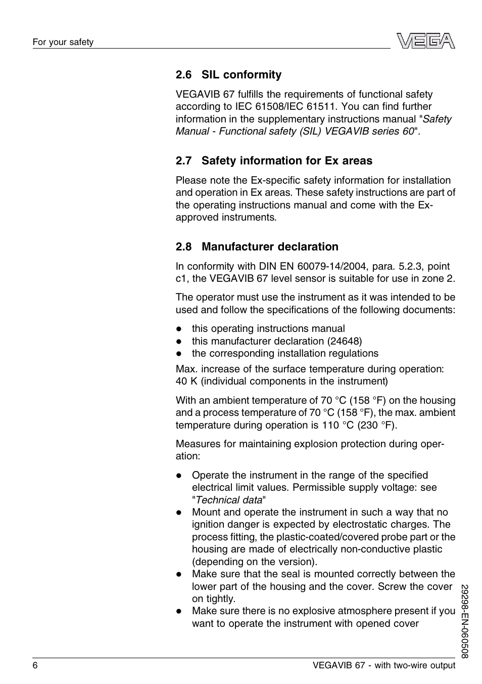 6 sil conformity, 7 safety information for ex areas, 8 manufacturer declaration | VEGA VEGAVIB 67 - two-wire User Manual | Page 6 / 32